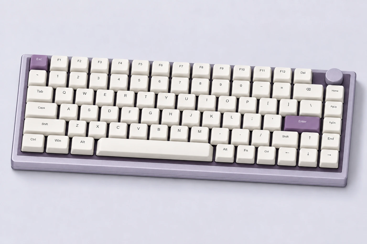 TACT 75 Fog lilac 키보드 — 크림 키캡과 오른쪽 위 회전 다이얼